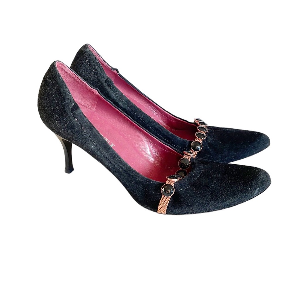 Vigotti black suede  rhinestone strap pumps heeled shoes size 37 EU 7 US